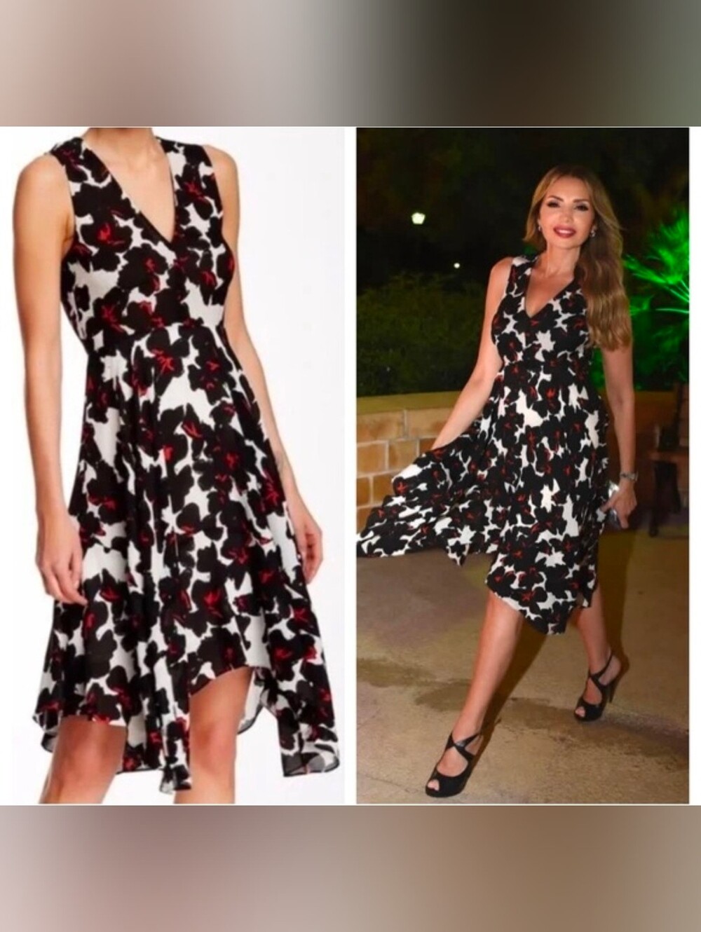 Sleeveless V-Neck Floral Midi Dress in Black, White & Burgundy